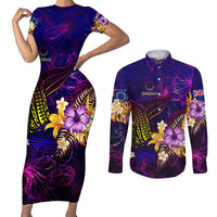 Cook Islands Couples Matching Short Sleeve Bodycon Dress and Long Sleeve Button Shirt Whale Hibiscus Polynesian DT02 Purple - Polynesian Pride