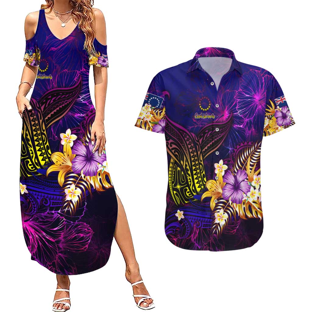 Cook Islands Couples Matching Summer Maxi Dress and Hawaiian Shirt Whale Hibiscus Polynesian