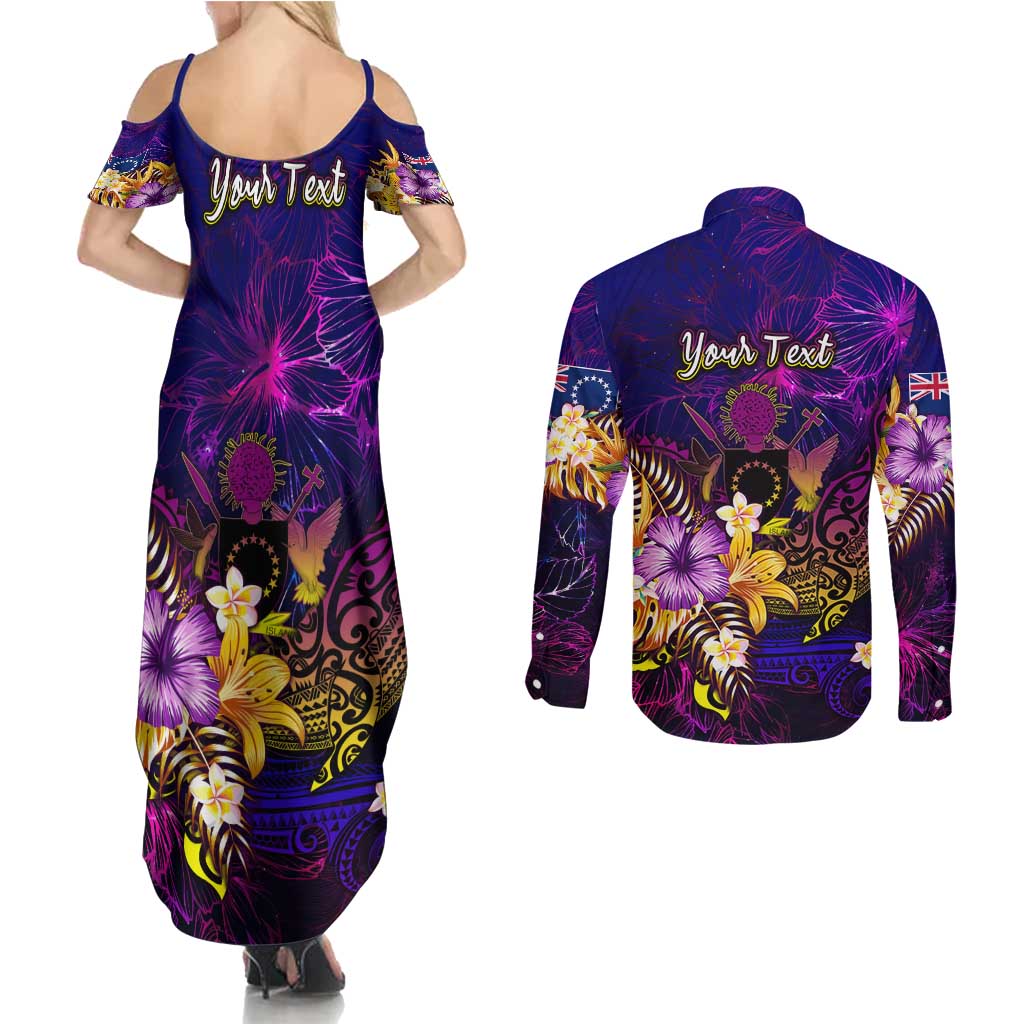 Cook Islands Couples Matching Summer Maxi Dress and Long Sleeve Button Shirt Whale Hibiscus Polynesian