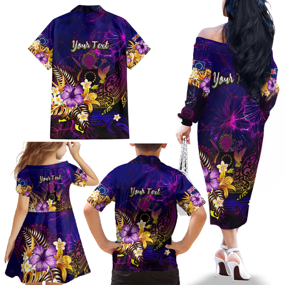 Cook Islands Family Matching Off The Shoulder Long Sleeve Dress and Hawaiian Shirt Whale Hibiscus Polynesian