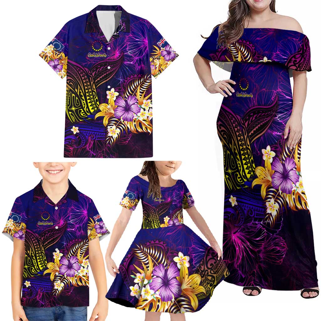 Cook Islands Family Matching Off Shoulder Maxi Dress and Hawaiian Shirt Whale Hibiscus Polynesian