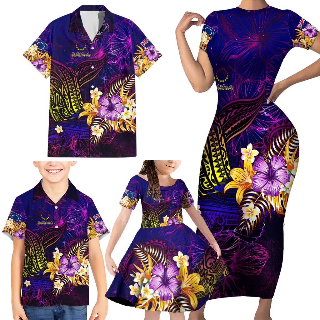 Cook Islands Family Matching Short Sleeve Bodycon Dress and Hawaiian Shirt Whale Hibiscus Polynesian