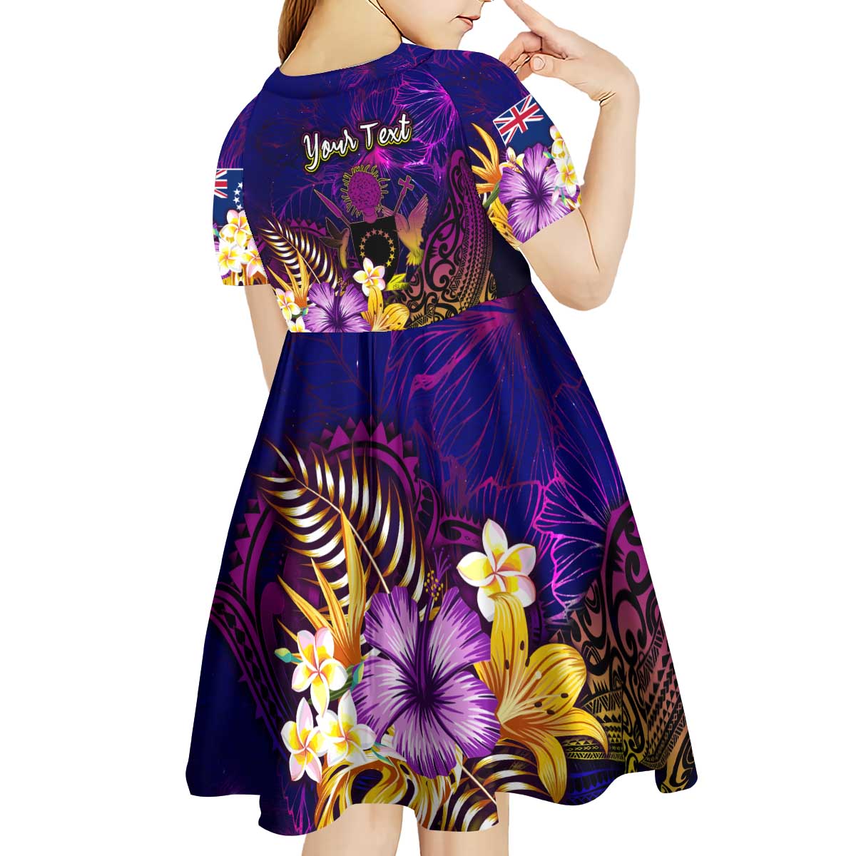 Cook Islands Kid Short Sleeve Dress Whale Hibiscus Polynesian