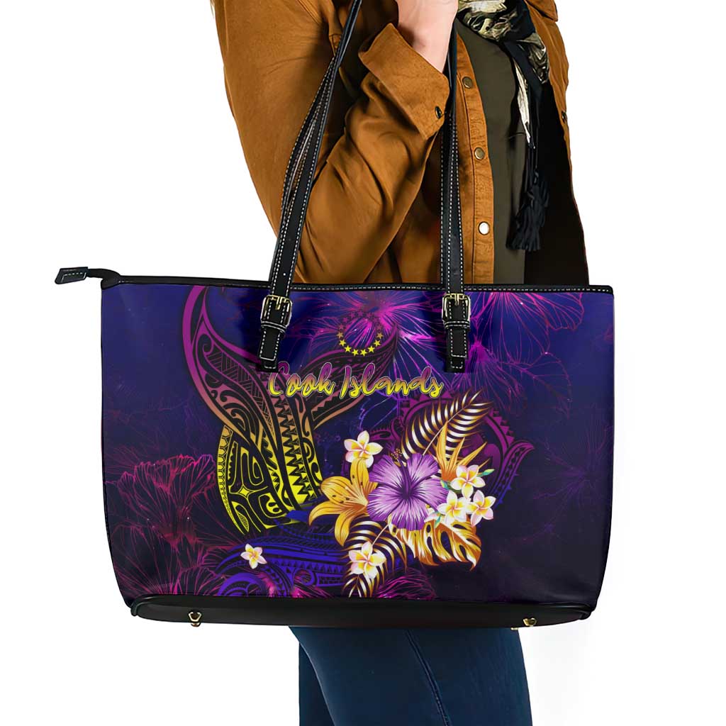 Cook Islands Leather Tote Bag Whale Hibiscus Polynesian