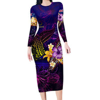 Cook Islands Long Sleeve Bodycon Dress Whale Hibiscus Polynesian