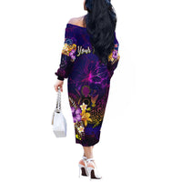 Cook Islands Off The Shoulder Long Sleeve Dress Whale Hibiscus Polynesian
