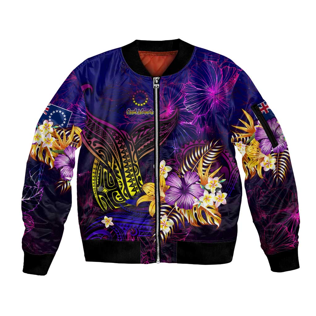 Cook Islands Sleeve Zip Bomber Jacket Whale Hibiscus Polynesian