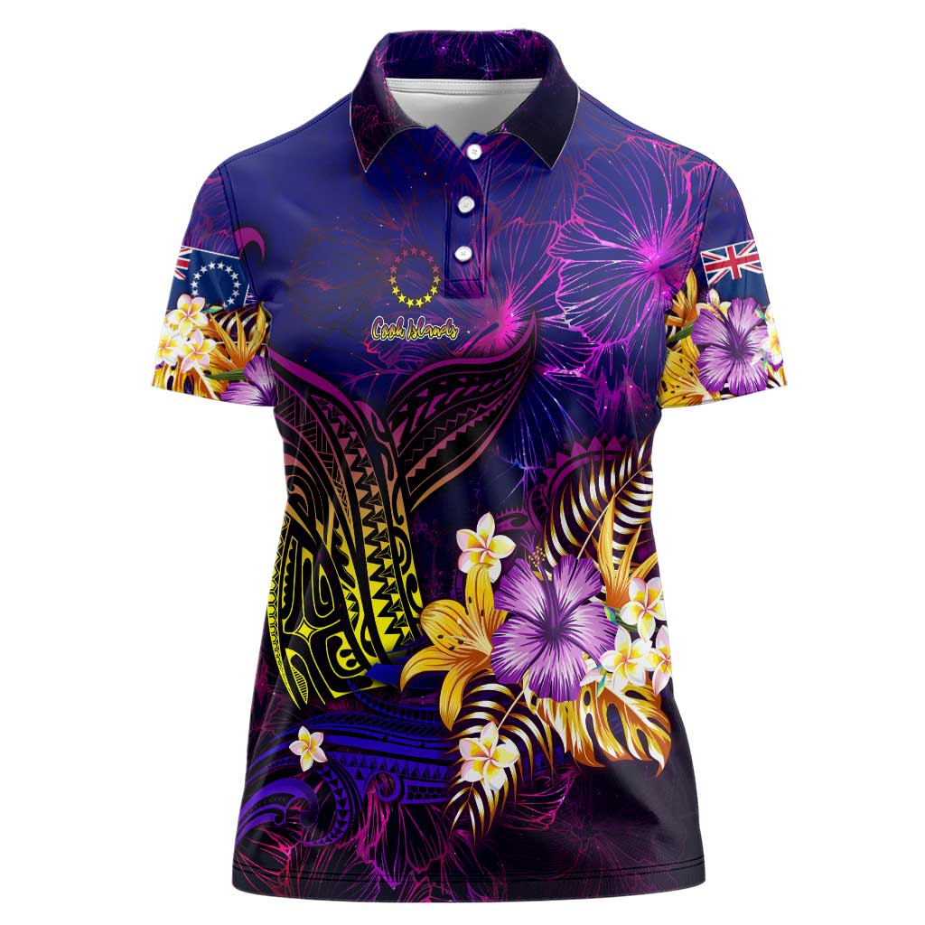 Cook Islands Women Polo Shirt Whale Hibiscus Polynesian