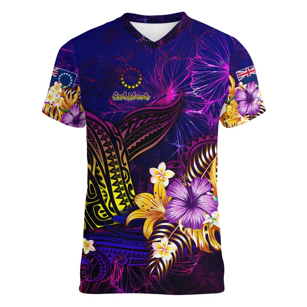 Cook Islands Women V-Neck T-Shirt Whale Hibiscus Polynesian DT02 Female Purple - Polynesian Pride