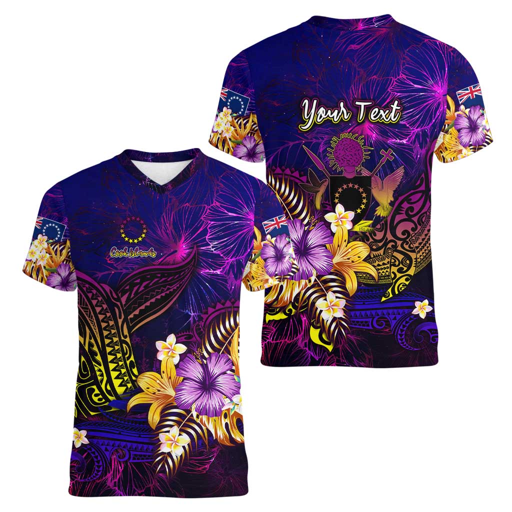 Cook Islands Women V-Neck T-Shirt Whale Hibiscus Polynesian DT02 - Polynesian Pride