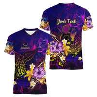 Cook Islands Women V-Neck T-Shirt Whale Hibiscus Polynesian DT02 - Polynesian Pride