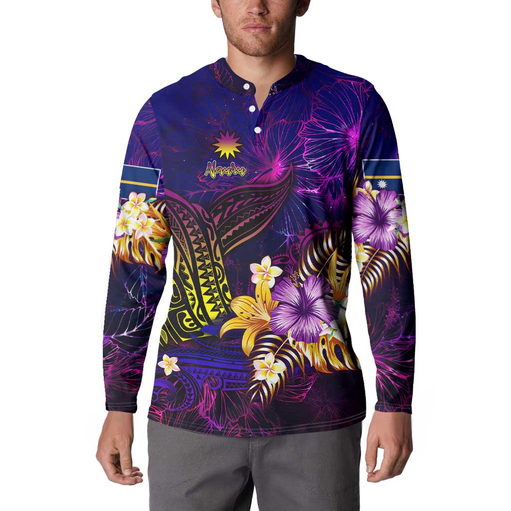 Nauru Button Sweatshirt Whale Hibiscus Polynesian