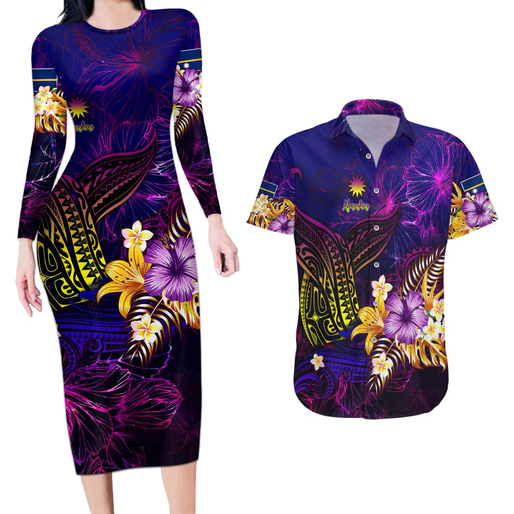 Nauru Couples Matching Long Sleeve Bodycon Dress and Hawaiian Shirt Whale Hibiscus Polynesian
