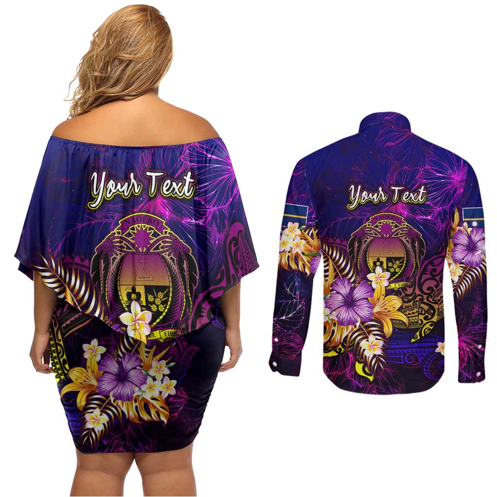 Nauru Couples Matching Off Shoulder Short Dress and Long Sleeve Button Shirt Whale Hibiscus Polynesian