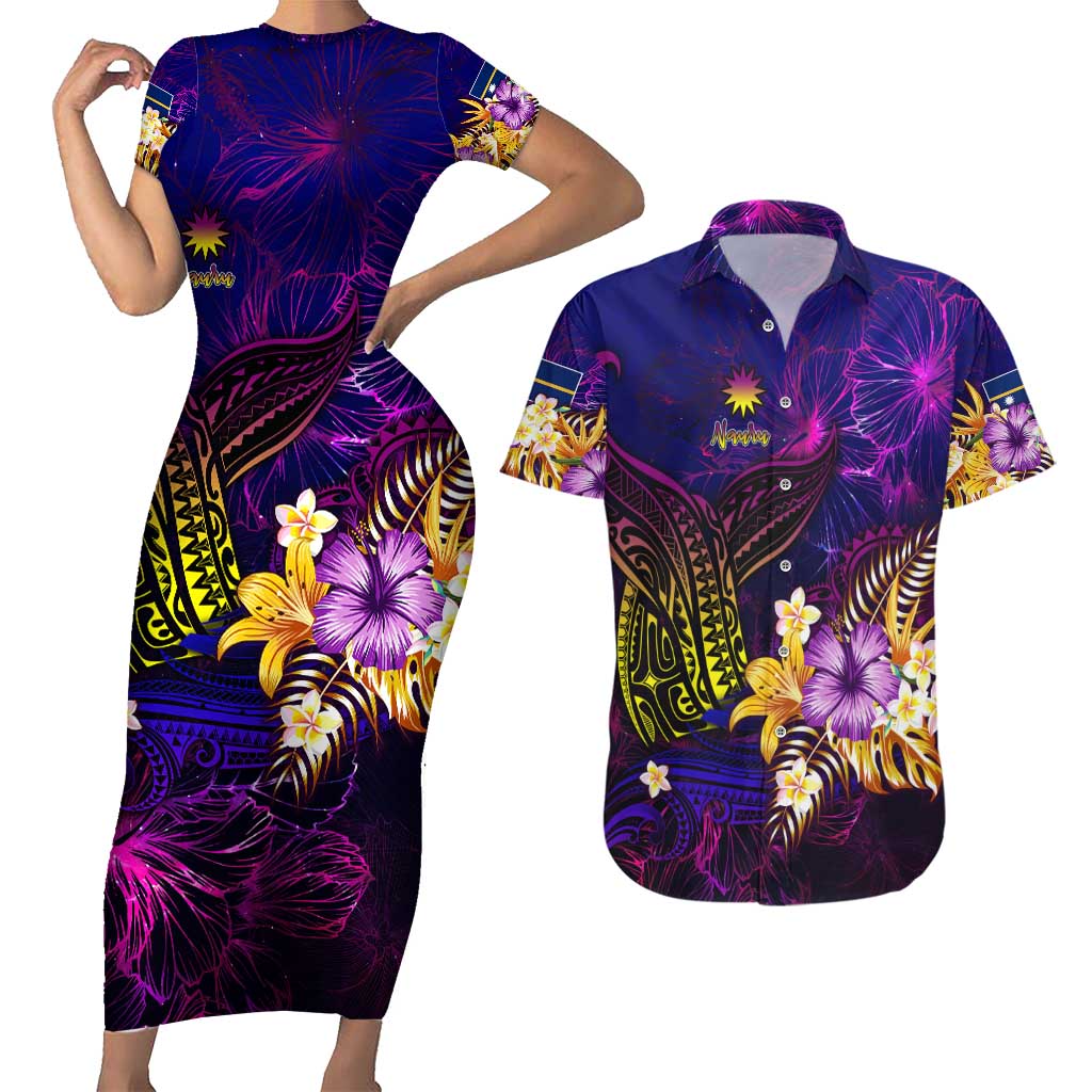 Nauru Couples Matching Short Sleeve Bodycon Dress and Hawaiian Shirt Whale Hibiscus Polynesian