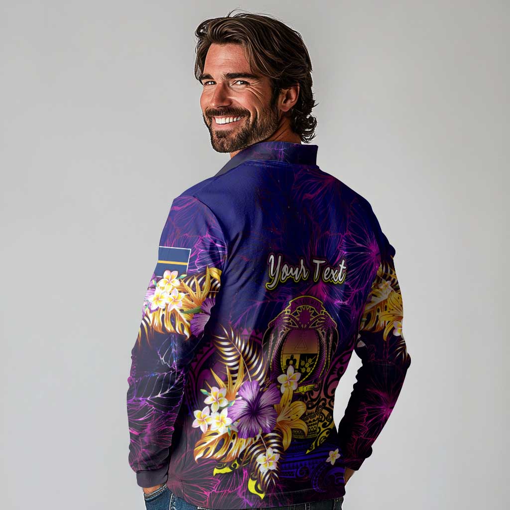 Nauru Long Sleeve Polo Shirt Whale Hibiscus Polynesian