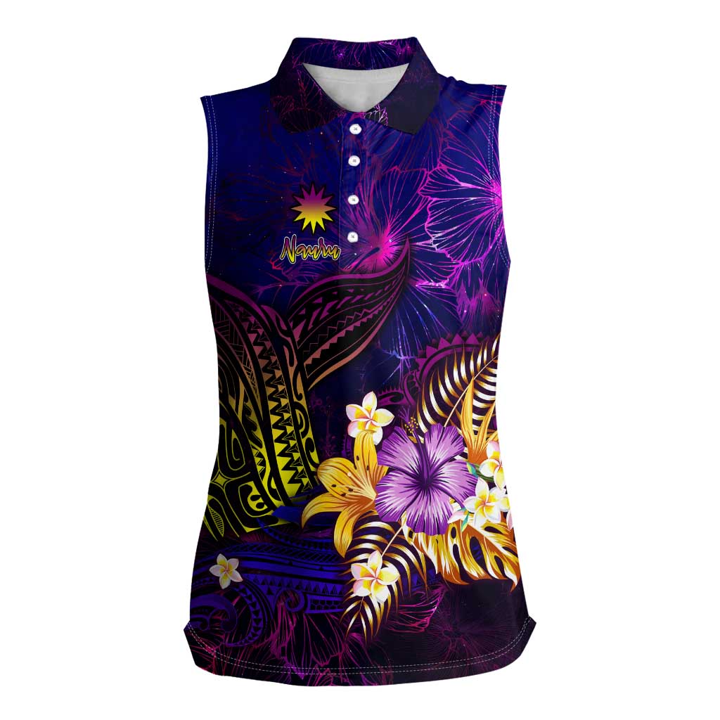 Nauru Women Sleeveless Polo Shirt Whale Hibiscus Polynesian