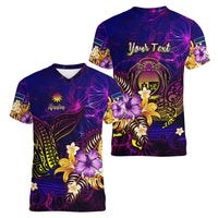 Nauru Women V-Neck T-Shirt Whale Hibiscus Polynesian