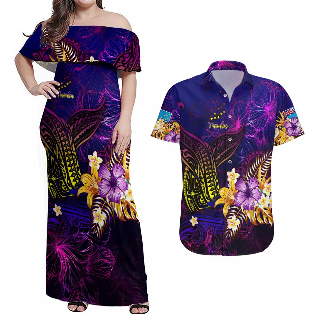 Tuvalu Couples Matching Off Shoulder Maxi Dress and Hawaiian Shirt Whale Hibiscus Polynesian