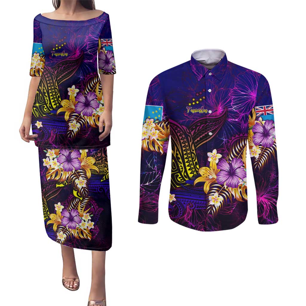 Tuvalu Couples Matching Puletasi and Long Sleeve Button Shirt Whale Hibiscus Polynesian