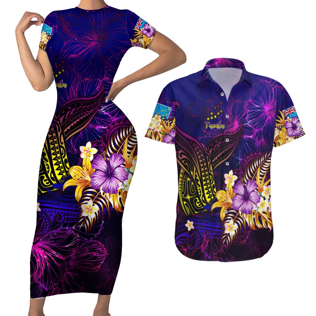Tuvalu Couples Matching Short Sleeve Bodycon Dress and Hawaiian Shirt Whale Hibiscus Polynesian