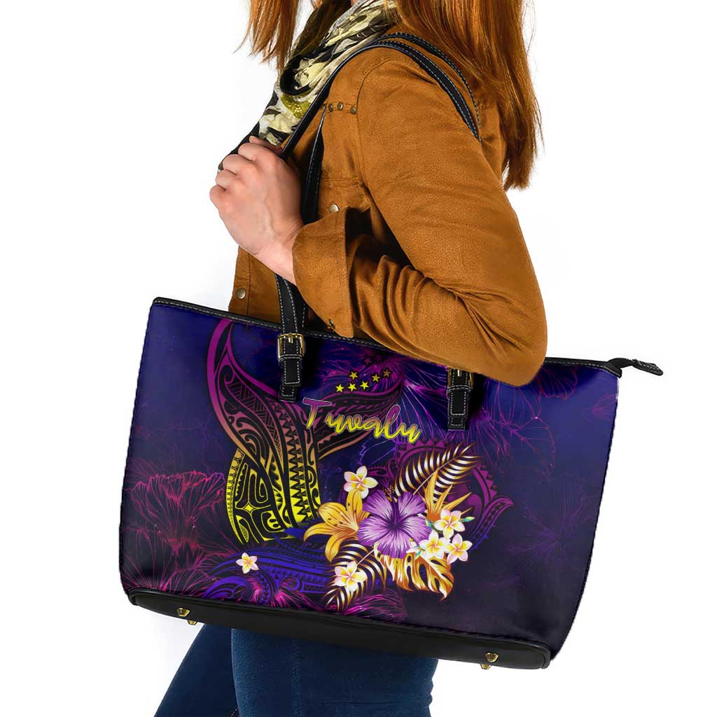 Tuvalu Leather Tote Bag Whale Hibiscus Polynesian