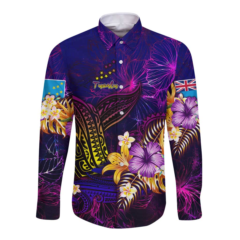 Tuvalu Long Sleeve Button Shirt Whale Hibiscus Polynesian