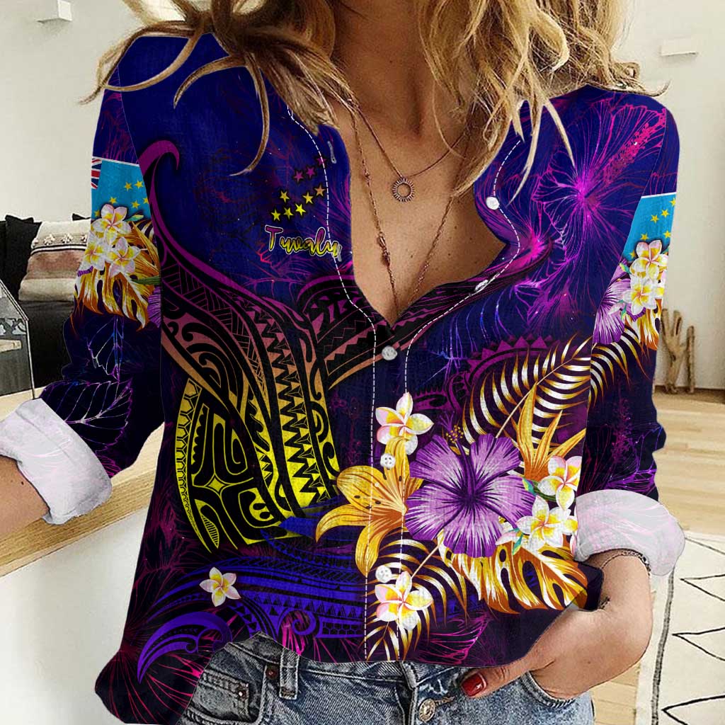Tuvalu Women Casual Shirt Whale Hibiscus Polynesian