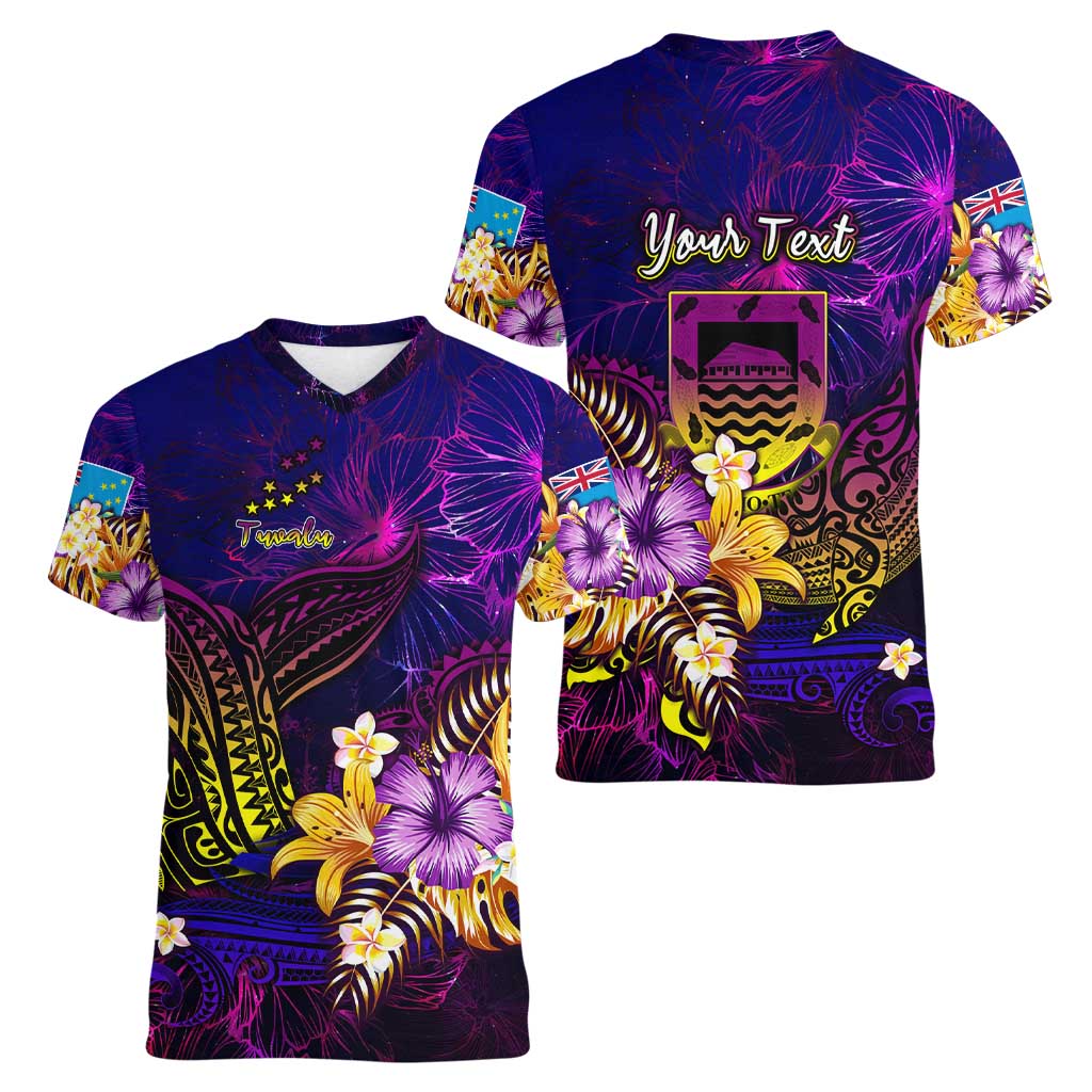 Tuvalu Women V-Neck T-Shirt Whale Hibiscus Polynesian