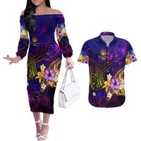 Northern Mariana Islands Couples Matching Off The Shoulder Long Sleeve Dress and Hawaiian Shirt Whale Hibiscus Polynesian