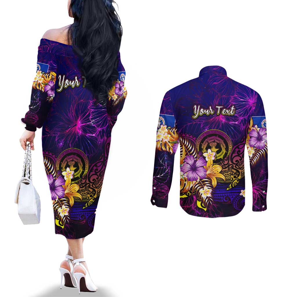 Northern Mariana Islands Couples Matching Off The Shoulder Long Sleeve Dress and Long Sleeve Button Shirt Whale Hibiscus Polynesian
