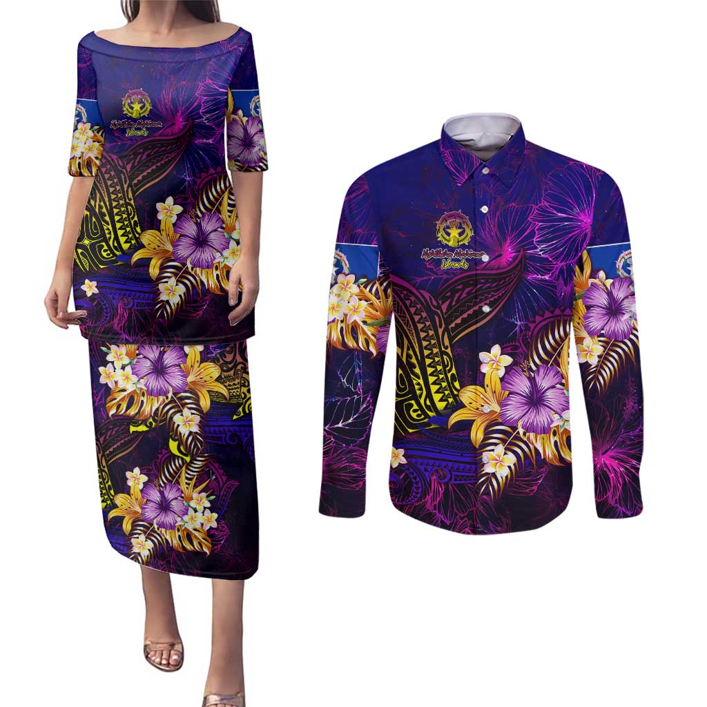 Northern Mariana Islands Couples Matching Puletasi and Long Sleeve Button Shirt Whale Hibiscus Polynesian
