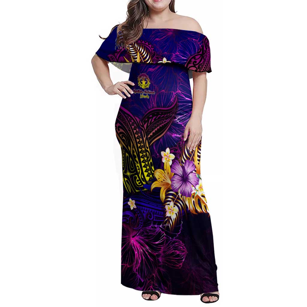 Northern Mariana Islands Family Matching Off Shoulder Maxi Dress and Hawaiian Shirt Whale Hibiscus Polynesian