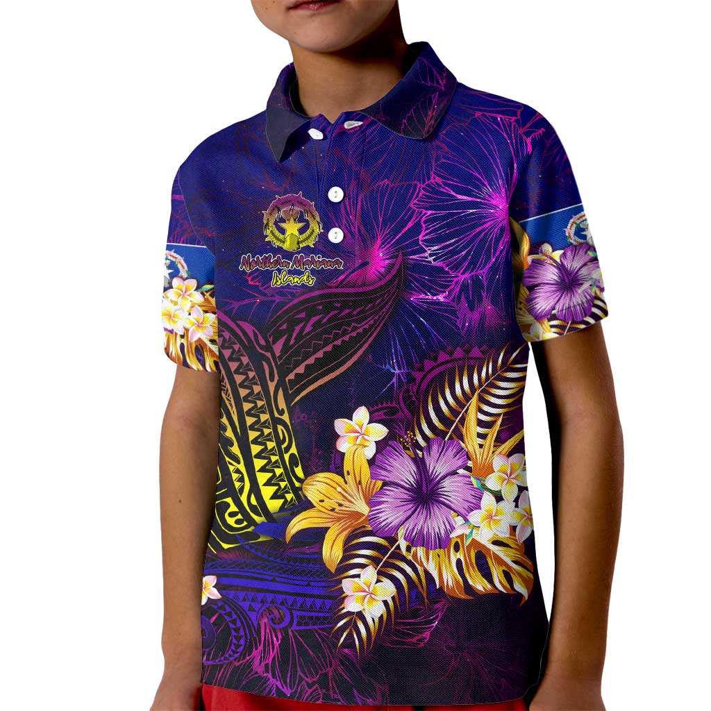Northern Mariana Islands Kid Polo Shirt Whale Hibiscus Polynesian