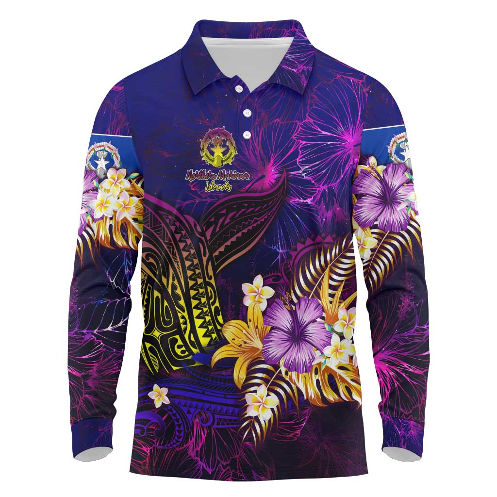 Northern Mariana Islands Long Sleeve Polo Shirt Whale Hibiscus Polynesian