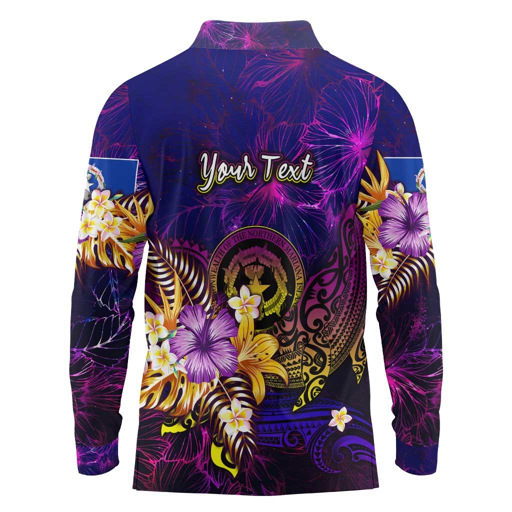 Northern Mariana Islands Long Sleeve Polo Shirt Whale Hibiscus Polynesian