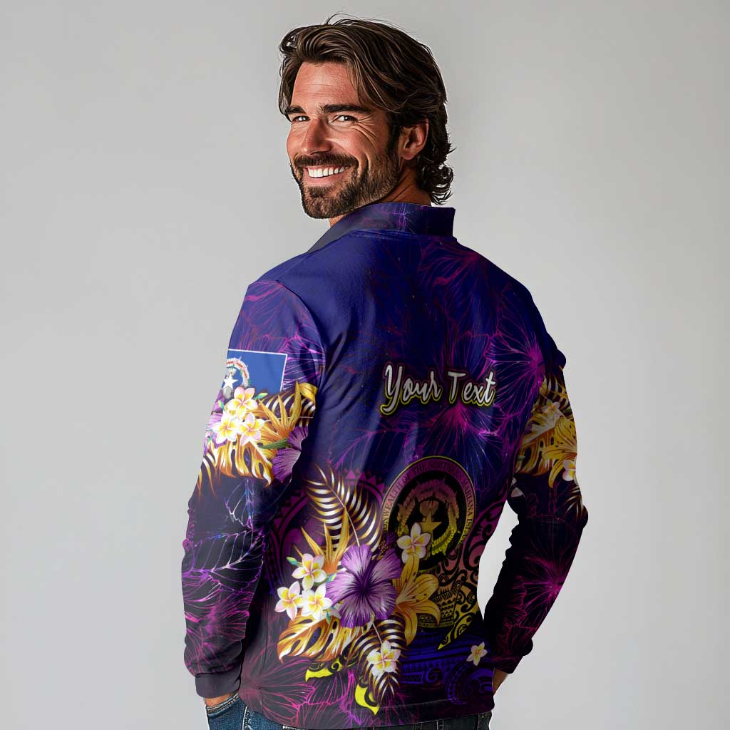 Northern Mariana Islands Long Sleeve Polo Shirt Whale Hibiscus Polynesian