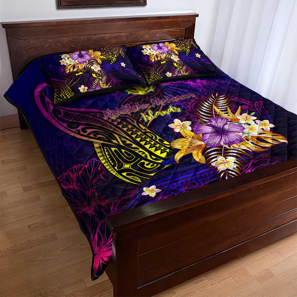 Northern Mariana Islands Quilt Bed Set Whale Hibiscus Polynesian