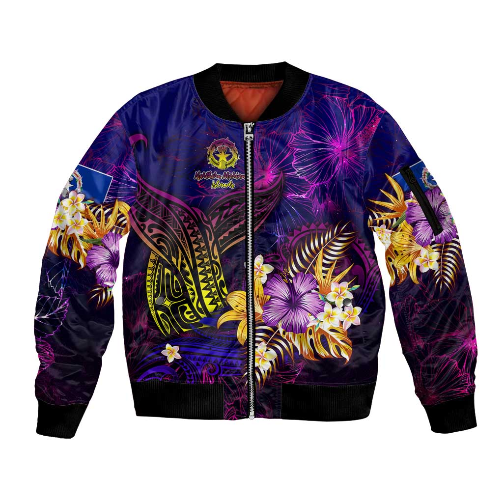 Northern Mariana Islands Sleeve Zip Bomber Jacket Whale Hibiscus Polynesian
