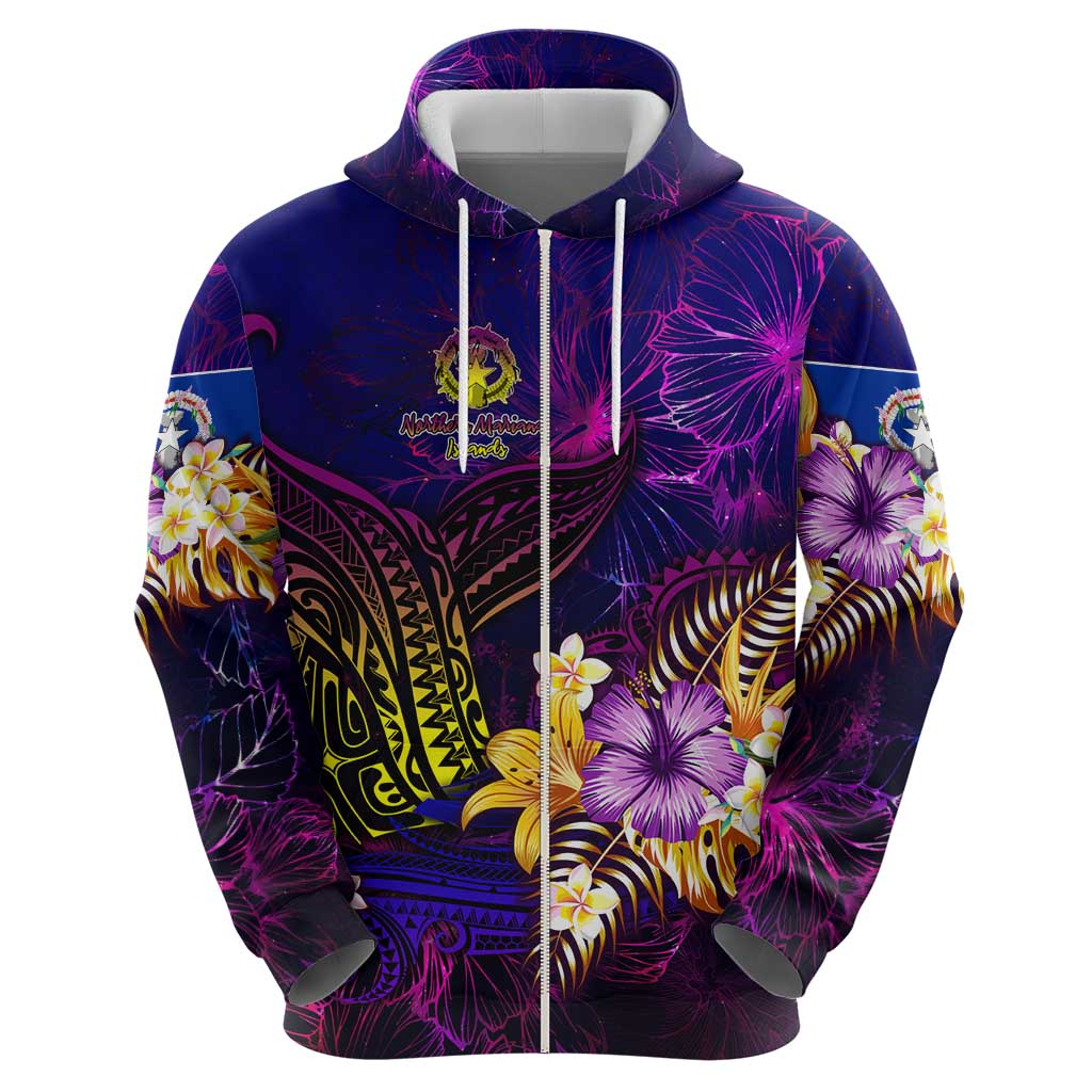 Northern Mariana Islands Zip Hoodie Whale Hibiscus Polynesian
