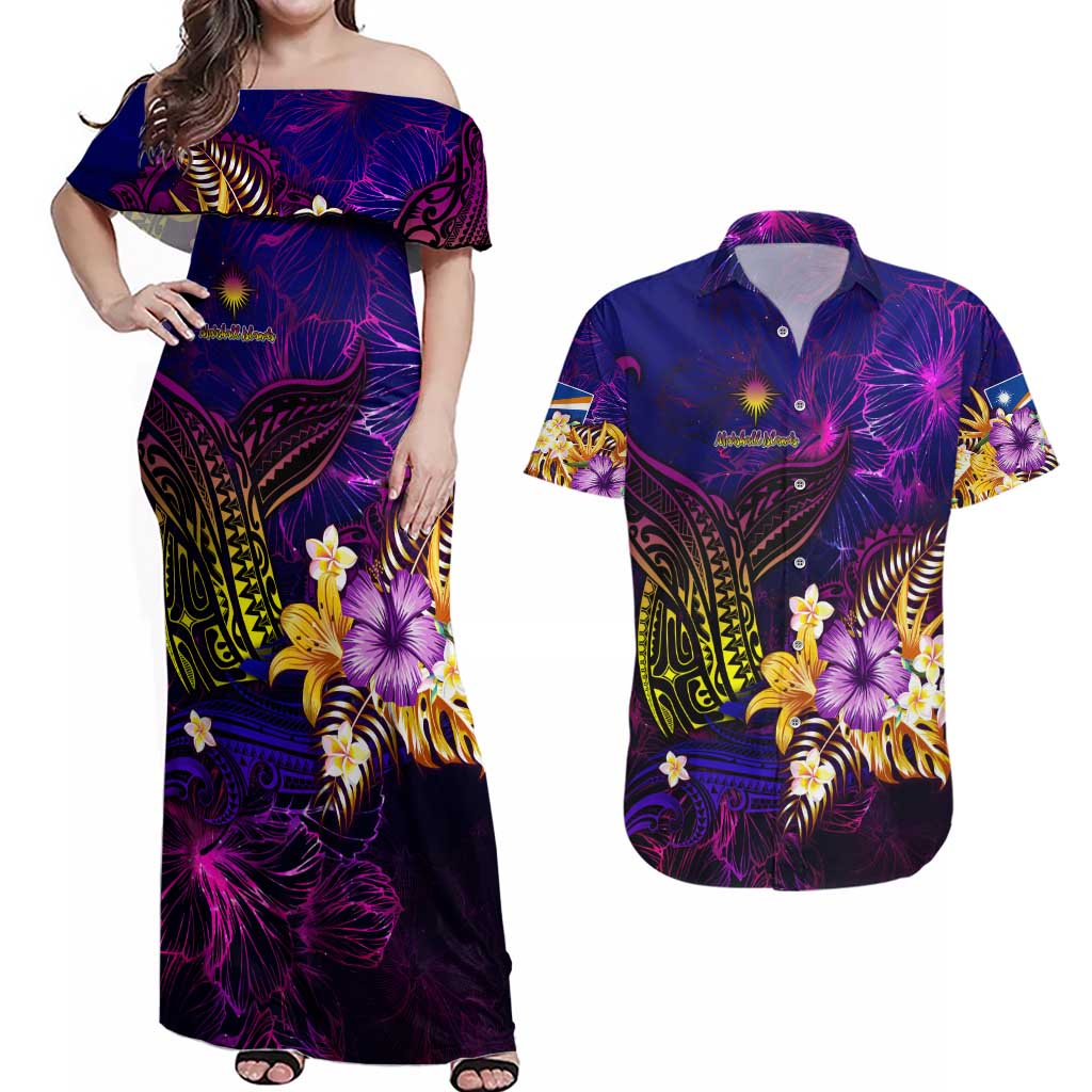 Marshall Islands Couples Matching Off Shoulder Maxi Dress and Hawaiian Shirt Whale Hibiscus Polynesian