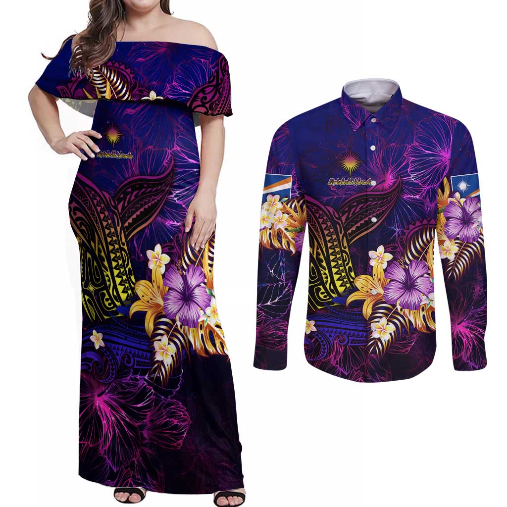 Marshall Islands Couples Matching Off Shoulder Maxi Dress and Long Sleeve Button Shirt Whale Hibiscus Polynesian
