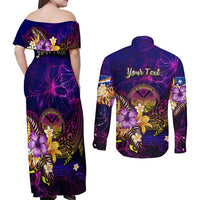 Marshall Islands Couples Matching Off Shoulder Maxi Dress and Long Sleeve Button Shirt Whale Hibiscus Polynesian