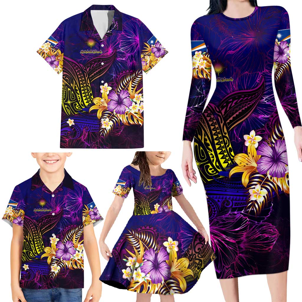 Marshall Islands Family Matching Long Sleeve Bodycon Dress and Hawaiian Shirt Whale Hibiscus Polynesian