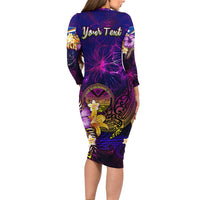 Marshall Islands Long Sleeve Bodycon Dress Whale Hibiscus Polynesian