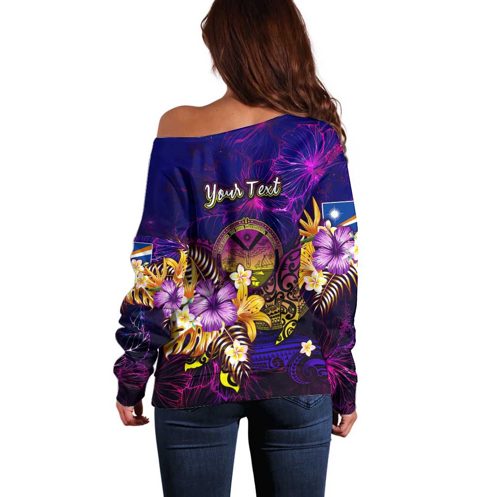 Marshall Islands Off Shoulder Sweater Whale Hibiscus Polynesian