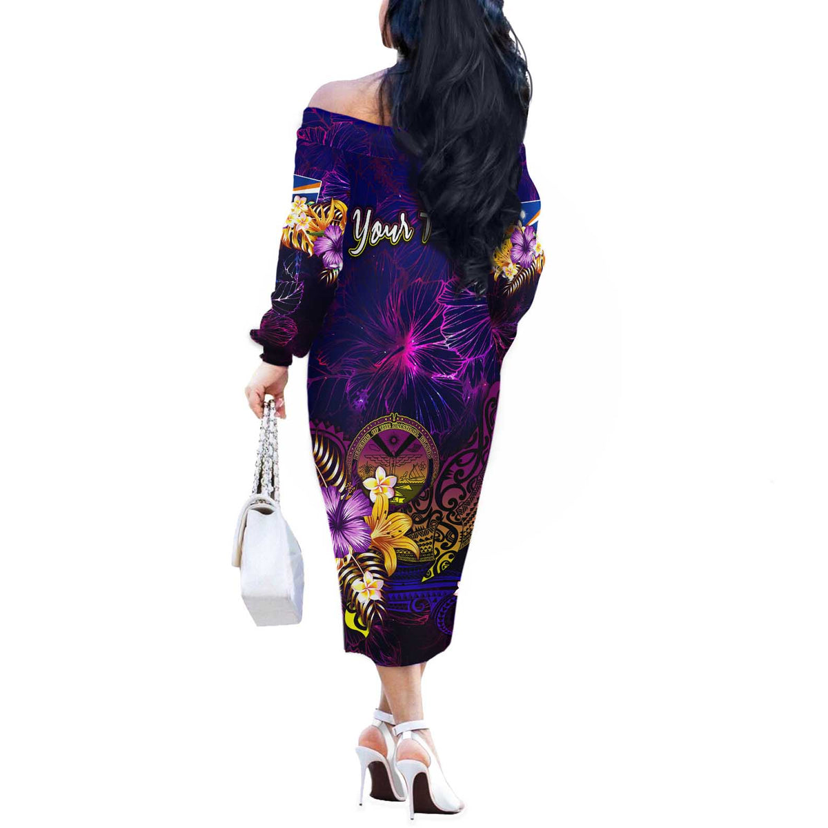 Marshall Islands Off The Shoulder Long Sleeve Dress Whale Hibiscus Polynesian
