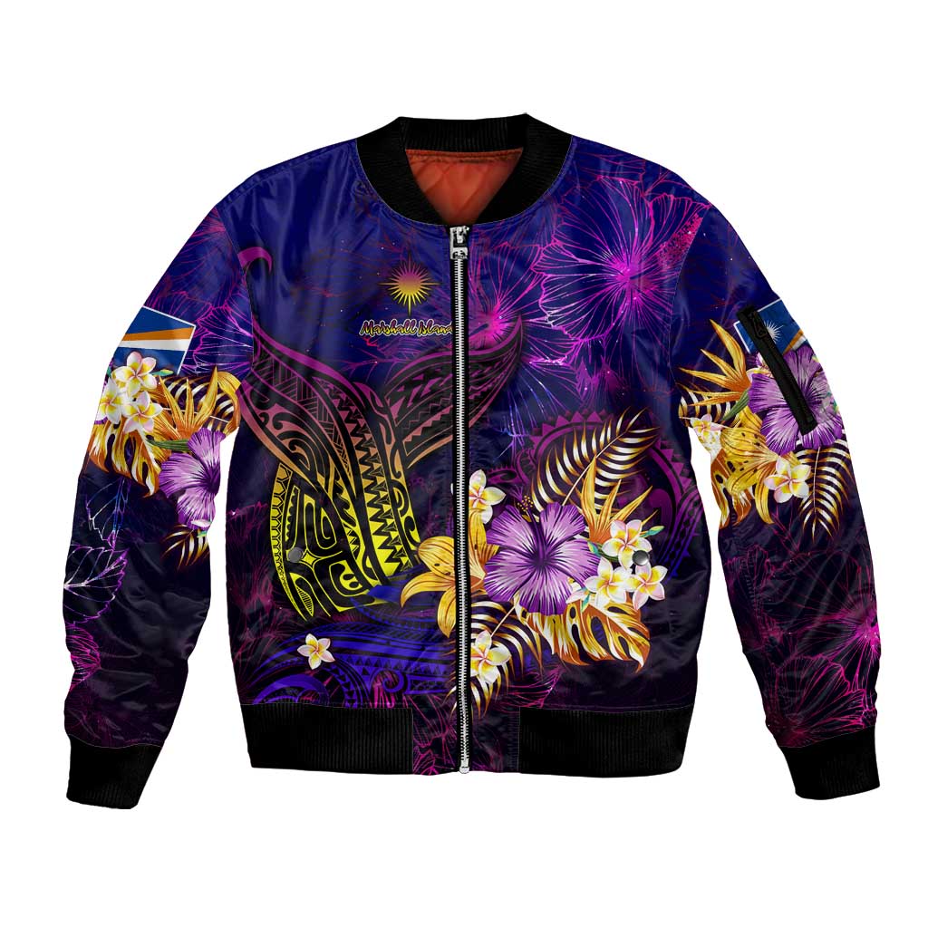 Marshall Islands Sleeve Zip Bomber Jacket Whale Hibiscus Polynesian