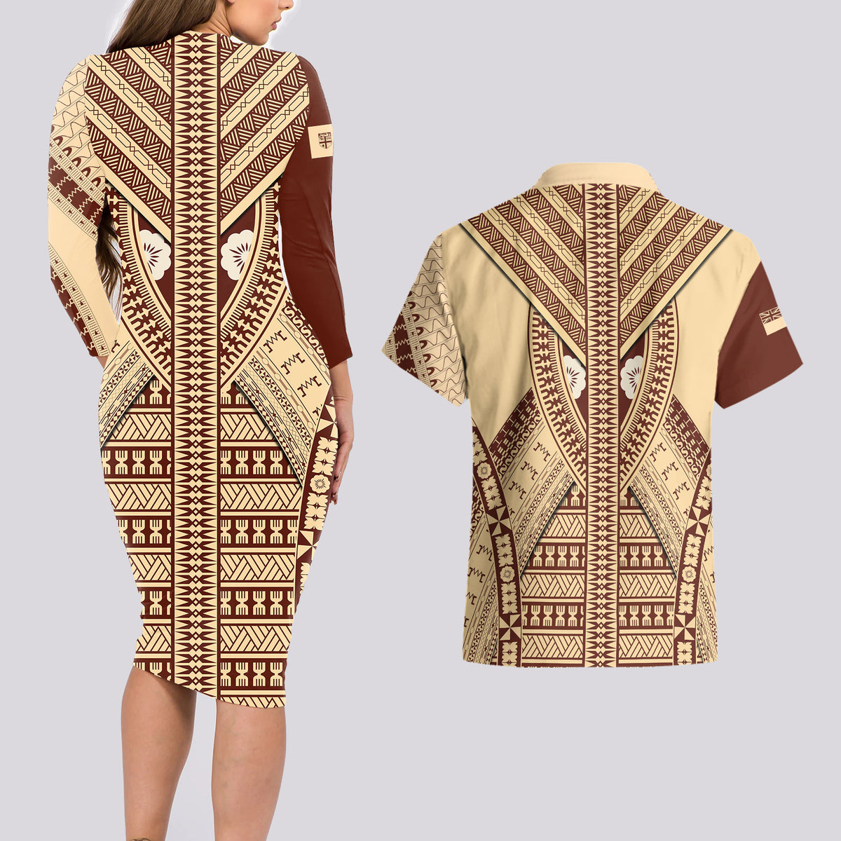 fiji-bula-couples-matching-long-sleeve-bodycon-dress-and-hawaiian-shirt-tapa-pattern-design