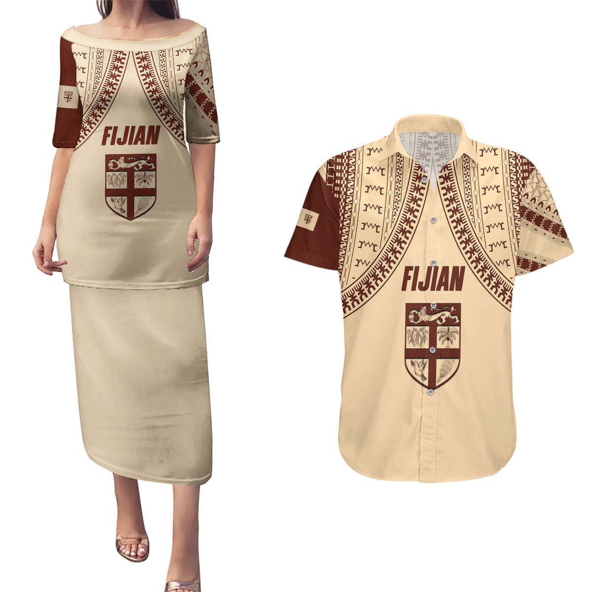 Fiji Bula Couples Matching Puletasi Dress and Hawaiian Shirt Tapa Pattern Design DT02 Beige - Polynesian Pride